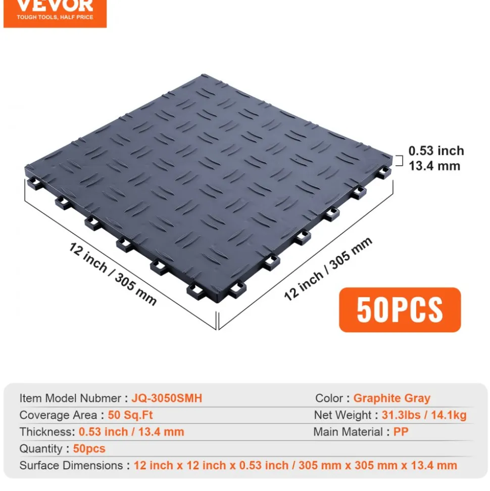 VEVOR Garage Tiles Interlocking, 12 x 12 x 0.53 inch 50 Pack Garage Floor Covering Tiles, Non-Slip Double-Sided Texture Garage Flooring Tiles, for Garages, Basements, Repair Shops, Graphite Gray