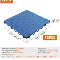 VEVOR Garage Tiles Interlocking, 12 x 12 x 0.53 inch 50 Pack Garage Floor Covering Tiles, Non-Slip Double-Sided Texture Garage Flooring Tiles, for Garages, Basements, Repair Shops, Blue