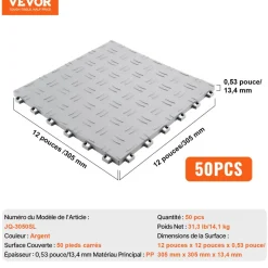 VEVOR Garage Tiles Interlocking, 12 x 12 x 0.53 inch 50 Pack Garage Floor Covering Tiles, Non-Slip Double-Sided Texture Garage Flooring Tiles, for Garages, Basements, Repair Shops, Silver