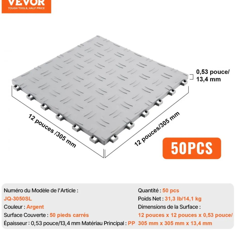 VEVOR Garage Tiles Interlocking, 12 x 12 x 0.53 inch 50 Pack Garage Floor Covering Tiles, Non-Slip Double-Sided Texture Garage Flooring Tiles, for Garages, Basements, Repair Shops, Silver