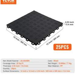VEVOR Garage Tiles Interlocking, 12 x 12 x 0.53 inch 25 Pack Garage Floor Covering Tiles, Non-Slip Double-Sided Texture Garage Flooring Tiles, for Garages, Basements, Repair Shops, Black
