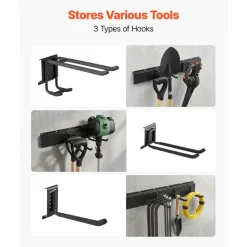 VEVOR Garage Tool Organizer 66 Inch 800 lbs Wall Mount Garden Tool Rack, Heavy Duty Garage Hanging Storage Rack Organization with 4 Rails and 10 Adjustable Hooks, for Yard Tools, Shovel, Rake, Shed