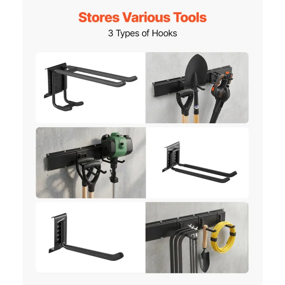 VEVOR Garage Tool Organizer 66 Inch 800 lbs Wall Mount Garden Tool Rack, Heavy Duty Garage Hanging Storage Rack Organization with 4 Rails and 10 Adjustable Hooks, for Yard Tools, Shovel, Rake, Shed