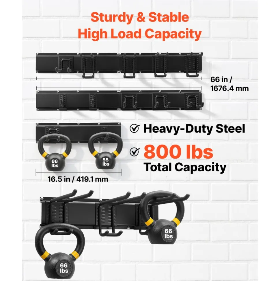 VEVOR Garage Tool Organizer 66 Inch 800 lbs Wall Mount Garden Tool Rack, Heavy Duty Garage Hanging Storage Rack Organization with 4 Rails and 10 Adjustable Hooks, for Yard Tools, Shovel, Rake, Shed