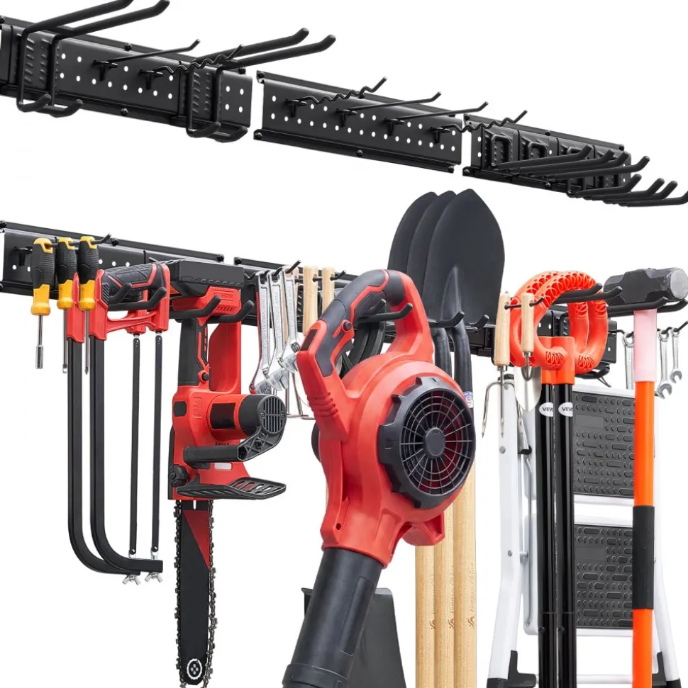 VEVOR Garage Tool Organizer 49.5 Inch 600 lbs Wall Mount Garden Tool Rack, Heavy Duty Garage Hanging Storage Rack Organization with 3 Rails and 12 Adjustable Hooks, for Yard Tools, Shovel, Rake, Shed
