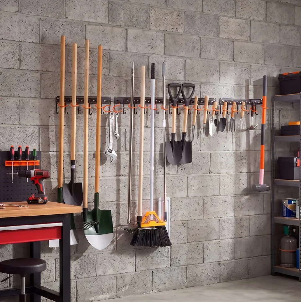 VEVOR Garage Tool Organizer 68 Inch 450 lbs Wall Mount Garden Tool Rack, Heavy Duty Hanging Storage Organization, 4 Rails with 24 Fixed L-Hooks, 20 Adjustable S-Hooks, for Yard Tools, Shovel, Shed