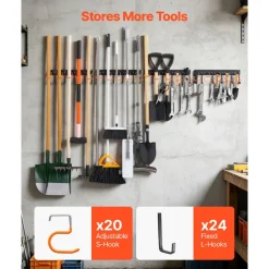VEVOR Garage Tool Organizer 68 Inch 450 lbs Wall Mount Garden Tool Rack, Heavy Duty Hanging Storage Organization, 4 Rails with 24 Fixed L-Hooks, 20 Adjustable S-Hooks, for Yard Tools, Shovel, Shed
