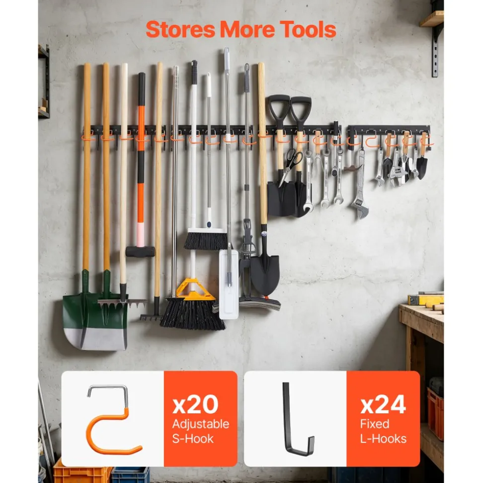 VEVOR Garage Tool Organizer 68 Inch 450 lbs Wall Mount Garden Tool Rack, Heavy Duty Hanging Storage Organization, 4 Rails with 24 Fixed L-Hooks, 20 Adjustable S-Hooks, for Yard Tools, Shovel, Shed