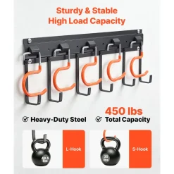 VEVOR Garage Tool Organizer 68 Inch 450 lbs Wall Mount Garden Tool Rack, Heavy Duty Hanging Storage Organization, 4 Rails with 24 Fixed L-Hooks, 20 Adjustable S-Hooks, for Yard Tools, Shovel, Shed