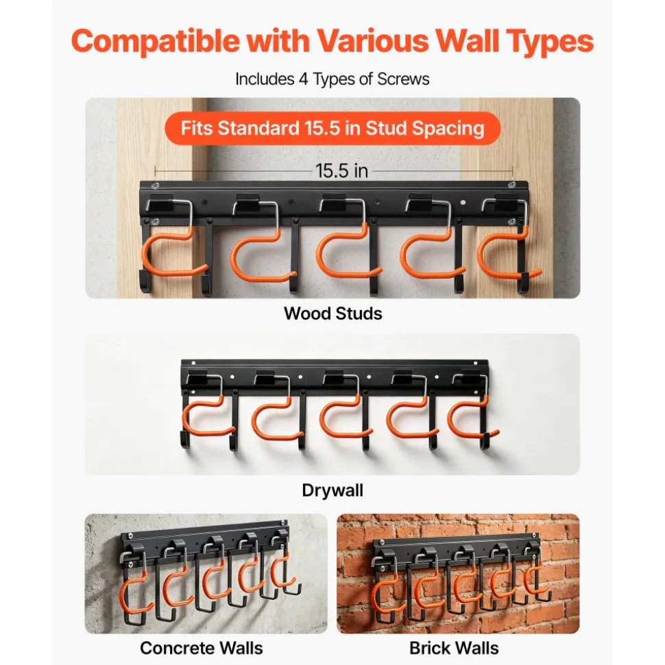 VEVOR Garage Tool Organizer 68 Inch 450 lbs Wall Mount Garden Tool Rack, Heavy Duty Hanging Storage Organization, 4 Rails with 24 Fixed L-Hooks, 20 Adjustable S-Hooks, for Yard Tools, Shovel, Shed