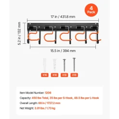 VEVOR Garage Tool Organizer 68 Inch 450 lbs Wall Mount Garden Tool Rack, Heavy Duty Hanging Storage Organization, 4 Rails with 24 Fixed L-Hooks, 20 Adjustable S-Hooks, for Yard Tools, Shovel, Shed