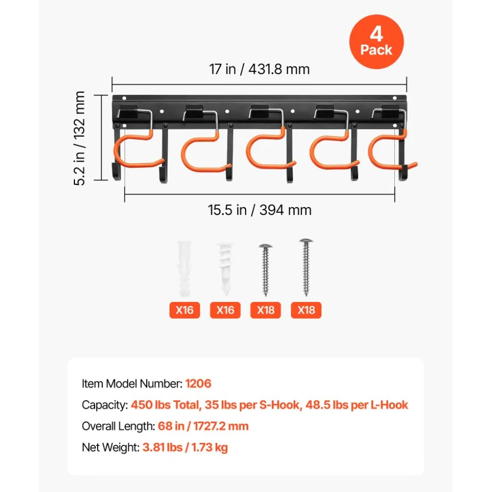VEVOR Garage Tool Organizer 68 Inch 450 lbs Wall Mount Garden Tool Rack, Heavy Duty Hanging Storage Organization, 4 Rails with 24 Fixed L-Hooks, 20 Adjustable S-Hooks, for Yard Tools, Shovel, Shed