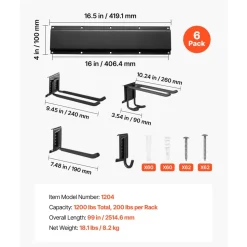 VEVOR Garage Tool Organizer 99 Inch 1200 lbs Wall Mount Garden Tool Rack, Heavy Duty Garage Hanging Storage Rack Organization with 6 Rails and 16 Adjustable Hooks, for Yard Tools, Shovel, Rake, Shed