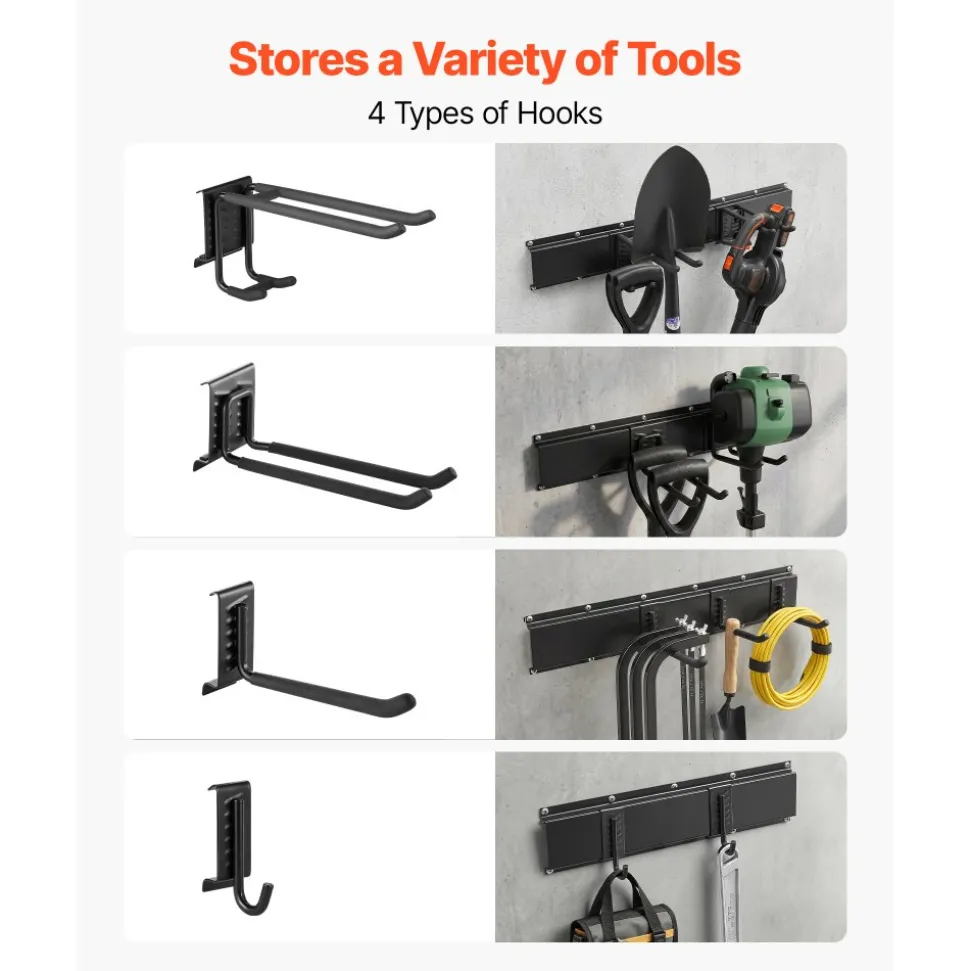 VEVOR Garage Tool Organizer 99 Inch 1200 lbs Wall Mount Garden Tool Rack, Heavy Duty Garage Hanging Storage Rack Organization with 6 Rails and 16 Adjustable Hooks, for Yard Tools, Shovel, Rake, Shed