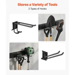 VEVOR Garage Tool Organizer 33 Inch 400 lbs Wall Mount Garden Tool Rack, Heavy Duty Garage Hanging Storage Rack Organization with 2 Rails and 5 Adjustable Hooks, for Yard Tools, Shovel, Rake, Shed