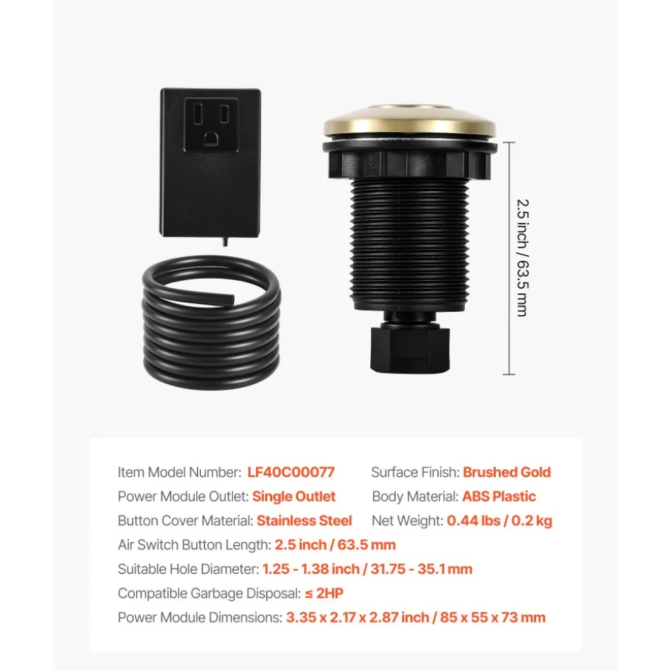 VEVOR Garbage Disposal Air Switch Kit, 2.5" Sink Top Air Switch for Food Waste Disposal, Brushed Gold Stainless Steel ON/OFF Air Button for Waste Disposer - Suitable for Stainless Steel Countertops