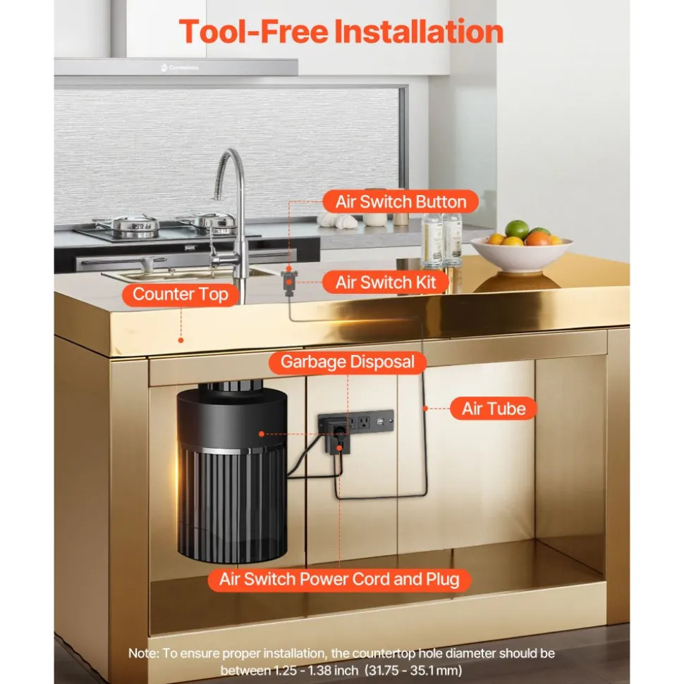 VEVOR Garbage Disposal Air Switch Kit, 2.5" Sink Top Air Switch for Food Waste Disposal, Brushed Gold Stainless Steel ON/OFF Air Button for Waste Disposer - Suitable for Stainless Steel Countertops
