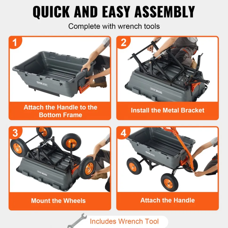 VEVOR Garden Cart, Durable Poly Dump Cart with Simple Assembly Steel Structure, Versatile Dump Wagon with Dual-Function Handle, Handy Wheelbarrow with 1500 lbs Load Capacity, 13 inch Wheels
