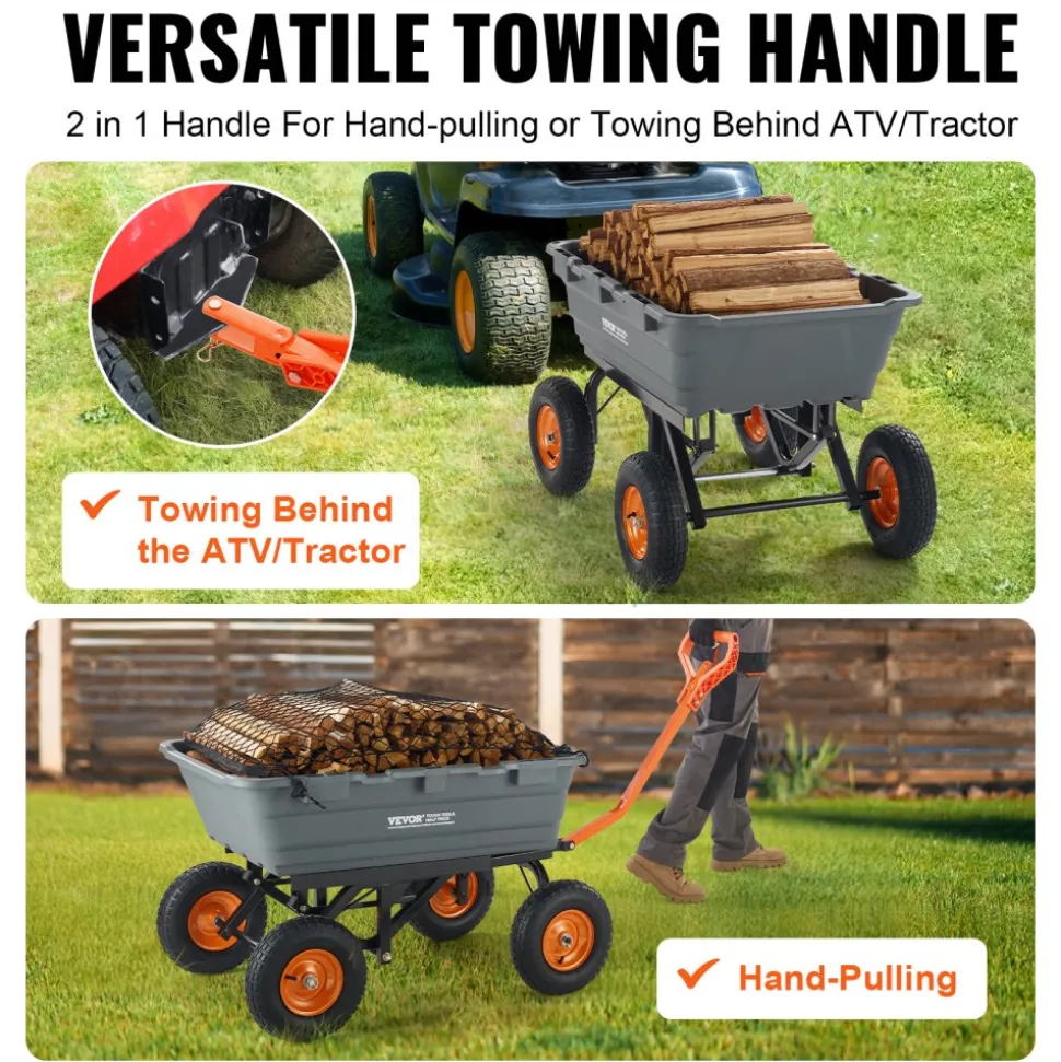 VEVOR Garden Cart, Durable Poly Dump Cart with Simple Assembly Steel Structure, Versatile Dump Wagon with Dual-Function Handle, Handy Wheelbarrow with 1500 lbs Load Capacity, 13 inch Wheels