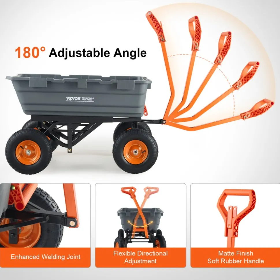 VEVOR Garden Cart, Durable Poly Dump Cart with Simple Assembly Steel Structure, Versatile Dump Wagon with Dual-Function Handle, Handy Wheelbarrow with 1500 lbs Load Capacity, 13 inch Wheels