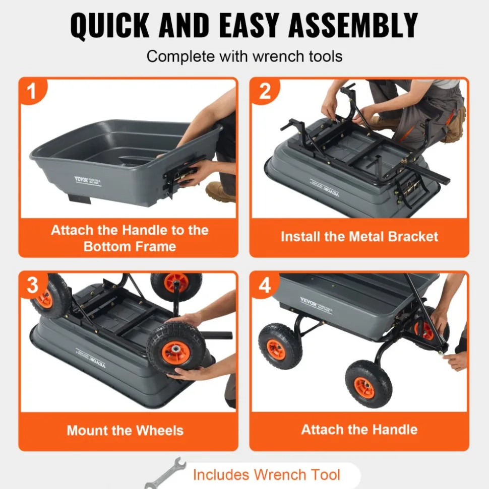 VEVOR Garden Cart, Durable Poly Dump Cart with Simple Assembly Steel Framework, Versatile Dump Cart with Dual-Function Handle, Handy Wheelbarrow with 600 lbs Load Capacity, 10 inch Wheels