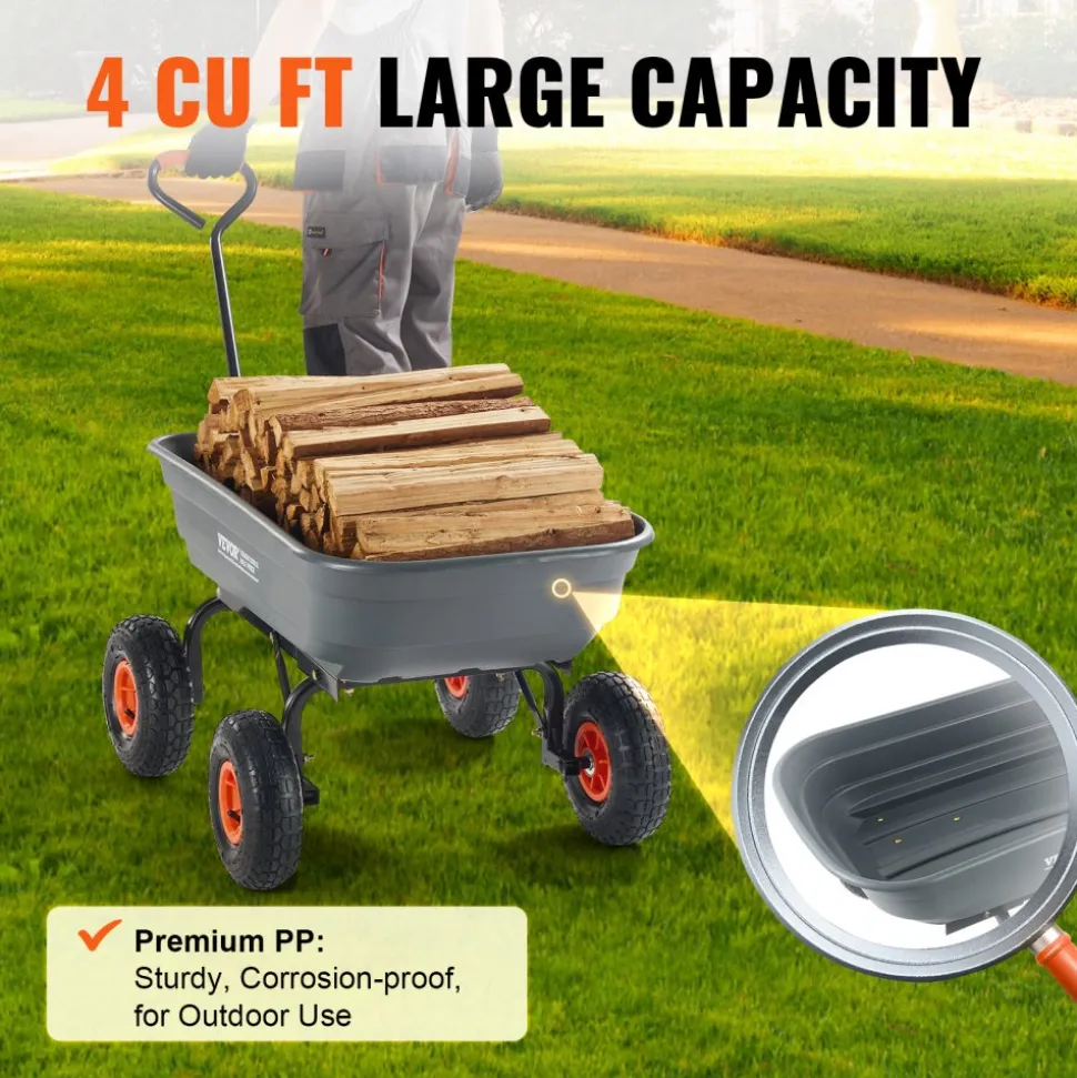 VEVOR Garden Cart, Durable Poly Dump Cart with Simple Assembly Steel Framework, Versatile Dump Cart with Dual-Function Handle, Handy Wheelbarrow with 600 lbs Load Capacity, 10 inch Wheels
