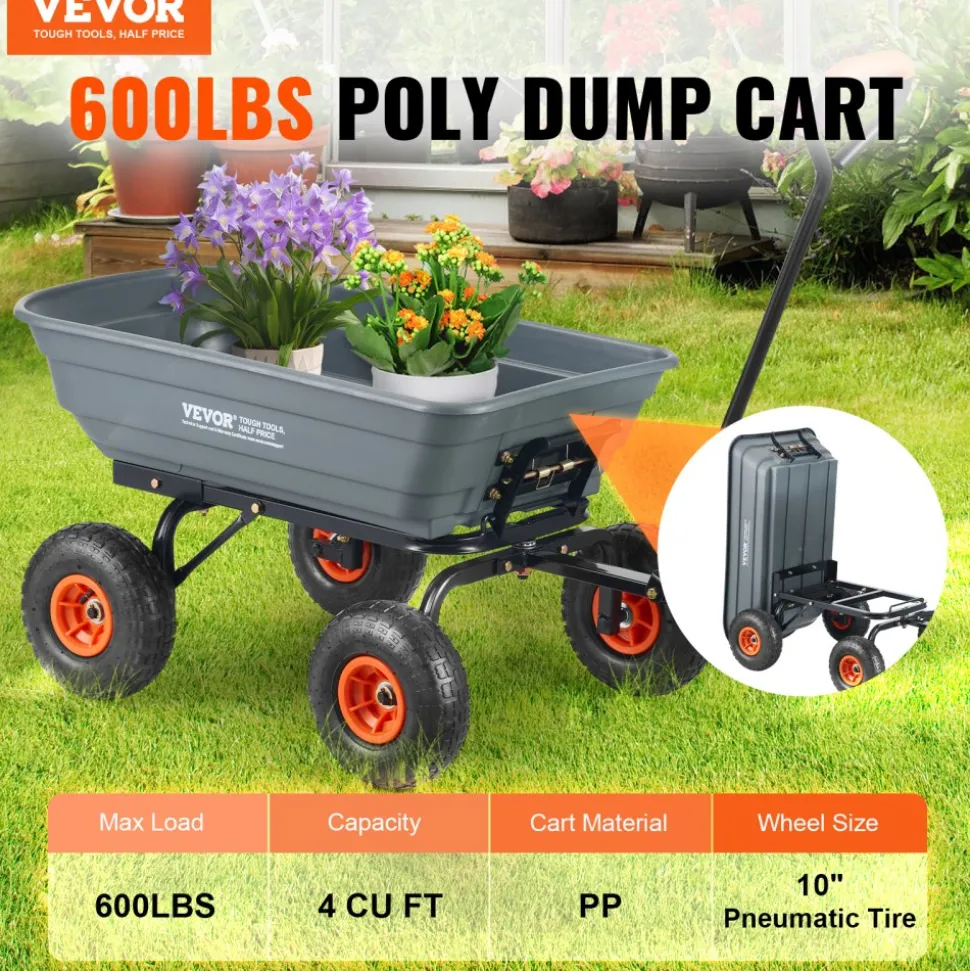 VEVOR Garden Cart, Durable Poly Dump Cart with Simple Assembly Steel Framework, Versatile Dump Cart with Dual-Function Handle, Handy Wheelbarrow with 600 lbs Load Capacity, 10 inch Wheels