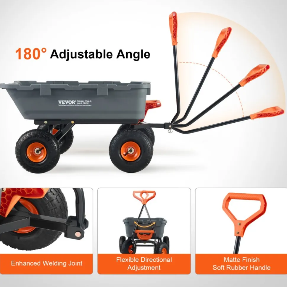 VEVOR Garden Cart, Durable Poly Dump Cart with Simple Assembly Steel Structure, Versatile Dump Wagon with Dual-Function Handle, Handy Wheelbarrow with 800 lbs Load Capacity, 10 inch Wheels