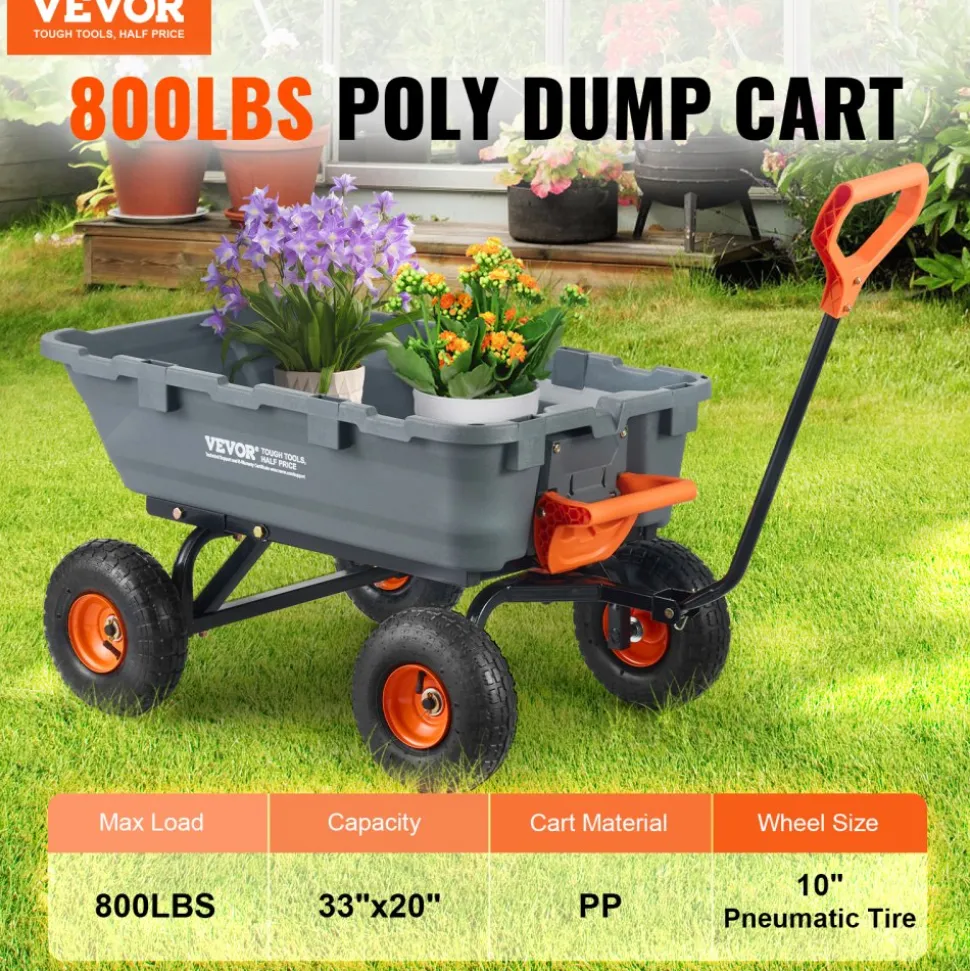 VEVOR Garden Cart, Durable Poly Dump Cart with Simple Assembly Steel Structure, Versatile Dump Wagon with Dual-Function Handle, Handy Wheelbarrow with 800 lbs Load Capacity, 10 inch Wheels