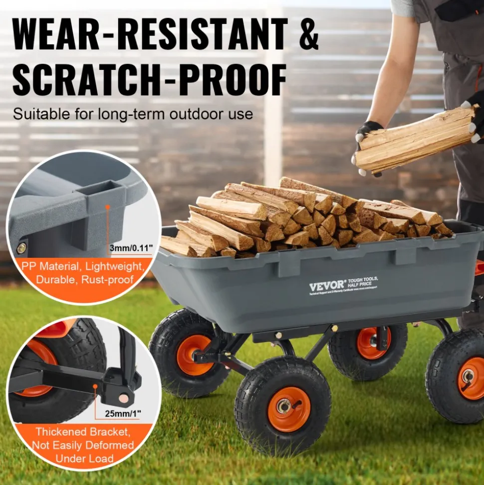 VEVOR Garden Cart, Durable Poly Dump Cart with Simple Assembly Steel Structure, Versatile Dump Wagon with Dual-Function Handle, Handy Wheelbarrow with 800 lbs Load Capacity, 10 inch Wheels