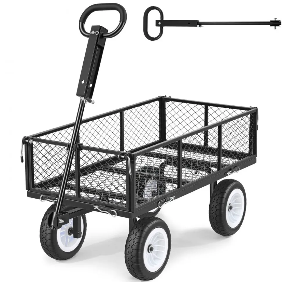 VEVOR Garden Cart, 900 LBS, Heavy Duty Steel Yard and Garden Utility Wagon with 10-Inch Tires, Outdoor Gardening Stool with Adjustable Handle, Detachable Side Panels, Attach to ATV or Tractor, Black