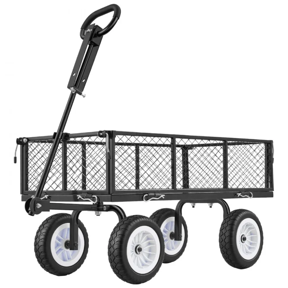 VEVOR Garden Cart, 900 LBS, Heavy Duty Steel Yard and Garden Utility Wagon with 10-Inch Tires, Outdoor Gardening Stool with Adjustable Handle, Detachable Side Panels, Attach to ATV or Tractor, Black