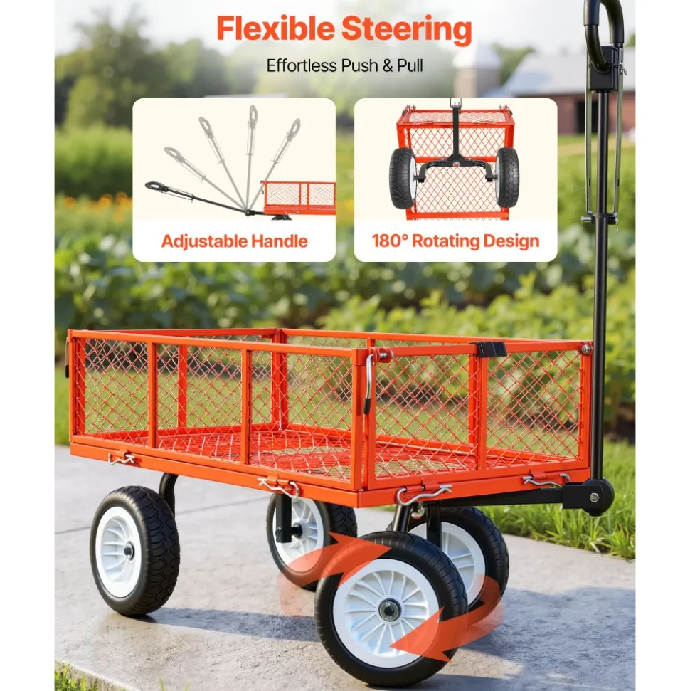 VEVOR Garden Cart, 900 LBS, Heavy Duty Steel Yard and Garden Utility Wagon with 10-Inch Tires, Outdoor Gardening Stool with Adjustable Handle, Detachable Side Panels, Attach to ATV or Tractor, Red