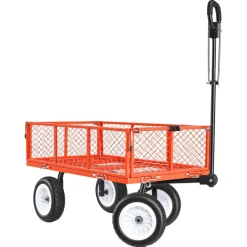 VEVOR Garden Cart, 900 LBS, Heavy Duty Steel Yard and Garden Utility Wagon with 10-Inch Tires, Outdoor Gardening Stool with Adjustable Handle, Detachable Side Panels, Attach to ATV or Tractor, Red