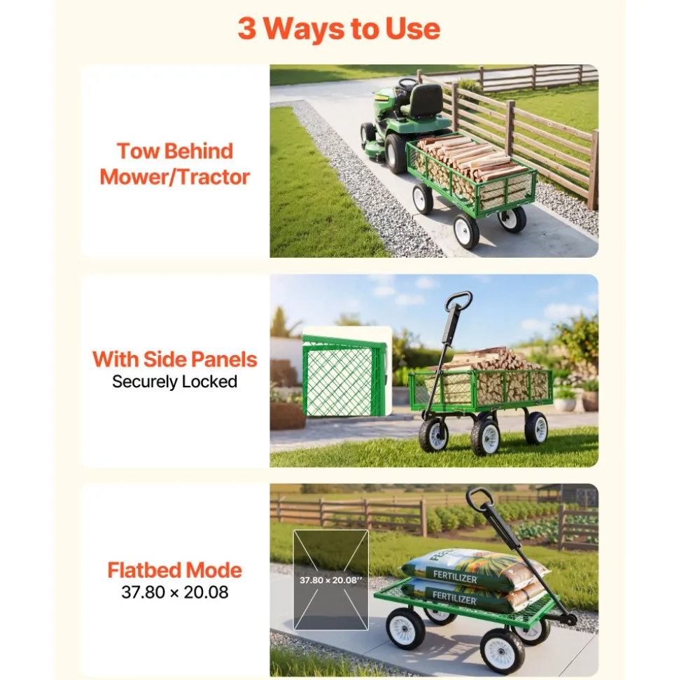 VEVOR Garden Cart, 900 LBS, Heavy Duty Steel Yard and Garden Utility Wagon with 10-Inch Tires, Outdoor Gardening Stool with Adjustable Handle, Detachable Side Panels, Attach to ATV or Tractor, Green