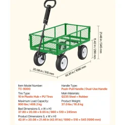 VEVOR Garden Cart, 900 LBS, Heavy Duty Steel Yard and Garden Utility Wagon with 10-Inch Tires, Outdoor Gardening Stool with Adjustable Handle, Detachable Side Panels, Attach to ATV or Tractor, Green