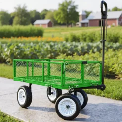 VEVOR Garden Cart, 900 LBS, Heavy Duty Steel Yard and Garden Utility Wagon with 10-Inch Tires, Outdoor Gardening Stool with Adjustable Handle, Detachable Side Panels, Attach to ATV or Tractor, Green