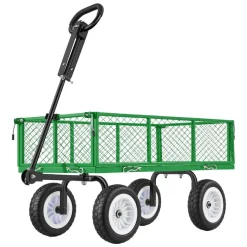 VEVOR Garden Cart, 900 LBS, Heavy Duty Steel Yard and Garden Utility Wagon with 10-Inch Tires, Outdoor Gardening Stool with Adjustable Handle, Detachable Side Panels, Attach to ATV or Tractor, Green
