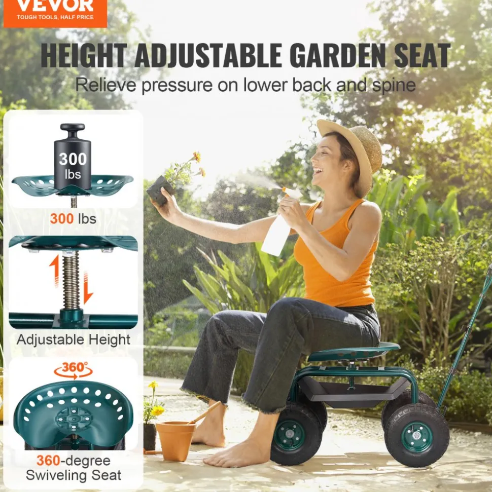 VEVOR Garden Cart Rolling Workseat with Wheels, Gardening Stool for Planting, 360 Degree Swivel Seat, Wagon Scooter with Steering Handle & Utility Tool Tray, Use for Patio, Yard, and Outdoors, Blue