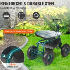 VEVOR Garden Cart Rolling Workseat with Wheels, Gardening Stool for Planting, 360 Degree Swivel Seat, Wagon Scooter with Steering Handle & Utility Tool Tray, Use for Patio, Yard, and Outdoors, Blue