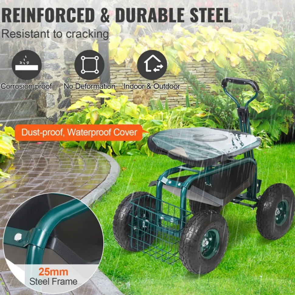 VEVOR Garden Cart Rolling Workseat with Wheels, Gardening Stool for Planting, 360 Degree Swivel Seat, Wagon Scooter with Steering Handle & Utility Tool Tray, Use for Patio, Yard, and Outdoors, Blue