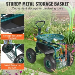 VEVOR Garden Cart Rolling Workseat with Wheels, Gardening Stool for Planting, 360 Degree Swivel Seat, Wagon Scooter with Steering Handle & Utility Tool Tray, Use for Patio, Yard, and Outdoors, Blue