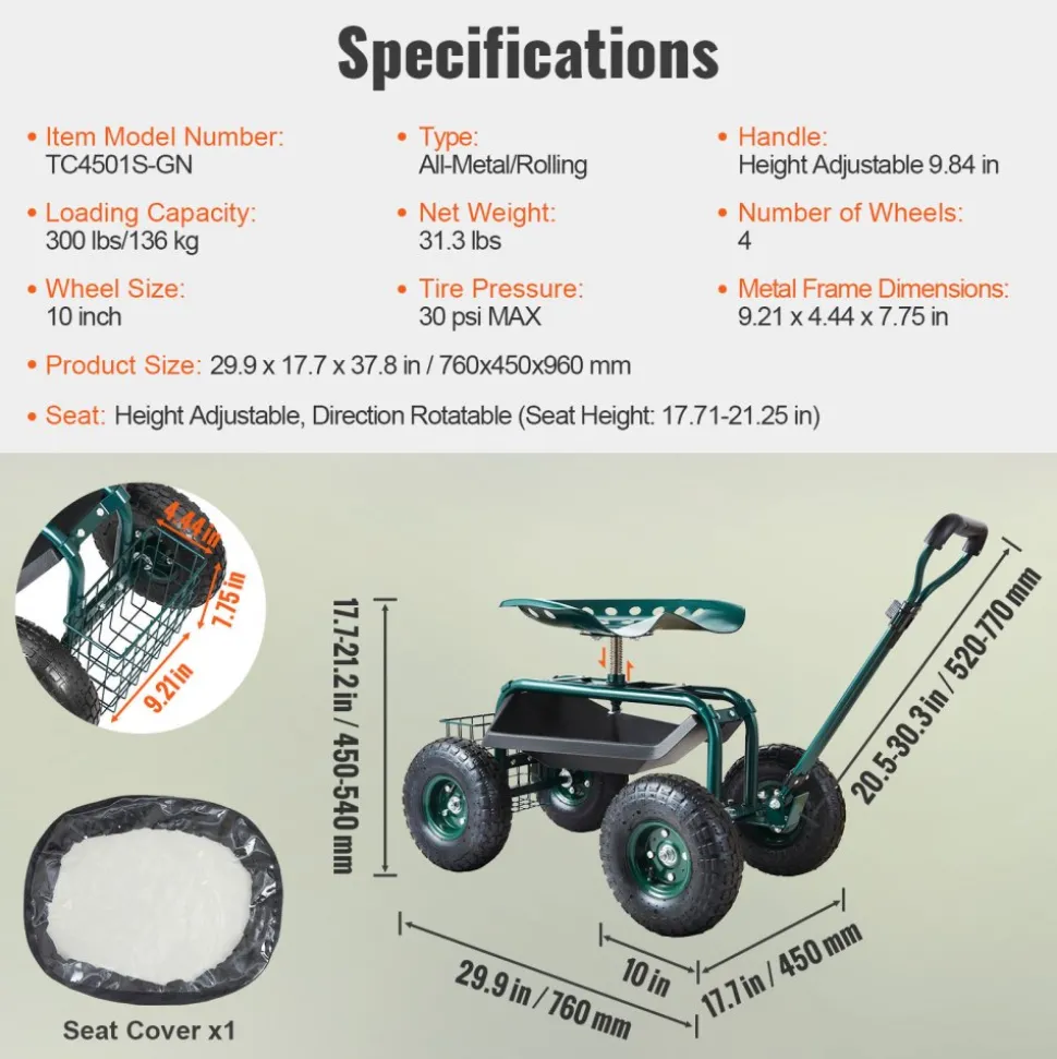 VEVOR Garden Cart Rolling Workseat with Wheels, Gardening Stool for Planting, 360 Degree Swivel Seat, Wagon Scooter with Steering Handle & Utility Tool Tray, Use for Patio, Yard, and Outdoors, Blue