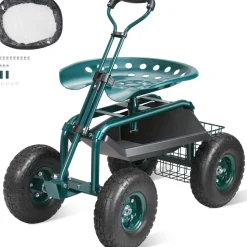 VEVOR Garden Cart Rolling Workseat with Wheels, Gardening Stool for Planting, 360 Degree Swivel Seat, Wagon Scooter with Steering Handle & Utility Tool Tray, Use for Patio, Yard, and Outdoors, Blue