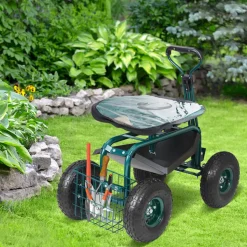 VEVOR Garden Cart Rolling Workseat with Wheels, Gardening Stool for Planting, 360 Degree Swivel Seat, Wagon Scooter with Steering Handle & Utility Tool Tray, Use for Patio, Yard, and Outdoors, Blue