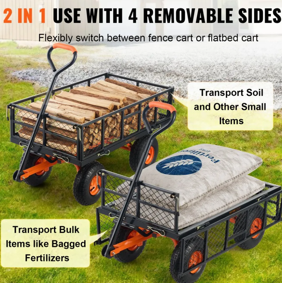 VEVOR Garden Cart, Sturdy Metal Utility Wagon with Simple Assembly, Versatile Dump Cart with Dual-Function Handle, Wheelbarrow with 400 lbs Load Capacity, Equipped with 10" Wheels