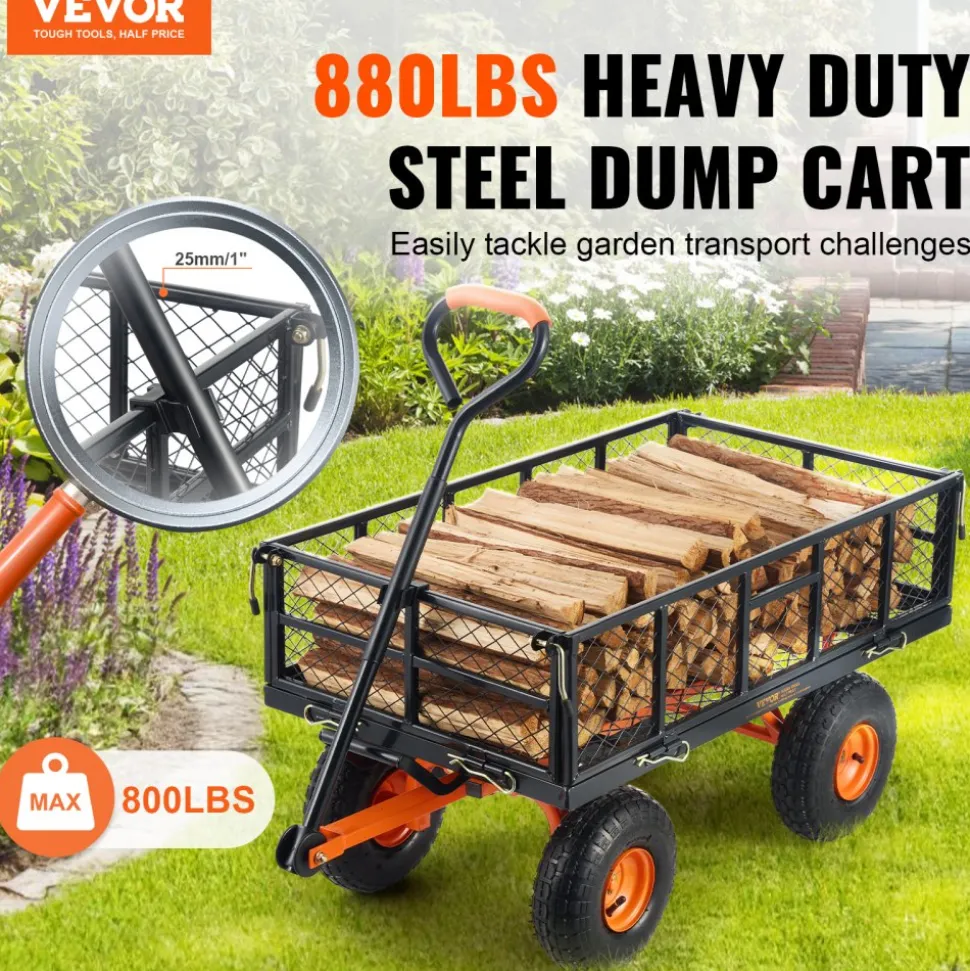 VEVOR Garden Cart, Sturdy Metal Utility Wagon with Simple Assembly, Versatile Dump Cart with Dual-Function Handle, Wheelbarrow with 400 lbs Load Capacity, Equipped with 10" Wheels