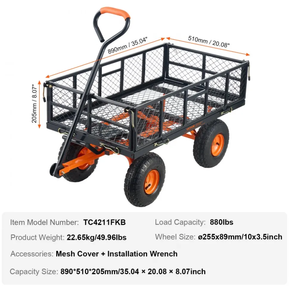 VEVOR Garden Cart, Sturdy Metal Utility Wagon with Simple Assembly, Versatile Dump Cart with Dual-Function Handle, Wheelbarrow with 400 lbs Load Capacity, Equipped with 10" Wheels