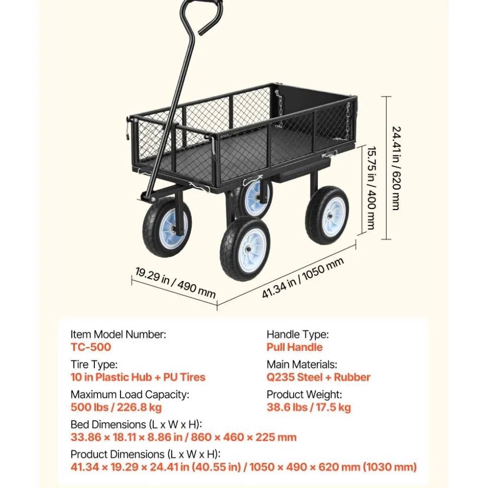 VEVOR Garden Cart with Seat, 500 LBS, Rolling Steel Garden Work Seat with Wheels, Heavy Duty Gardening Stool, with Tool Tray & Adjustable Handle, Outdoor Yard Wagon, for Lawn, Patio, Backyard, Black