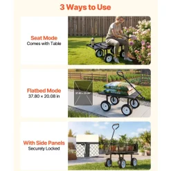 VEVOR Garden Cart with Seat, 500 LBS, Rolling Steel Garden Work Seat with Wheels, Heavy Duty Gardening Stool, with Tool Tray & Adjustable Handle, Outdoor Yard Wagon, for Lawn, Patio, Backyard, Black